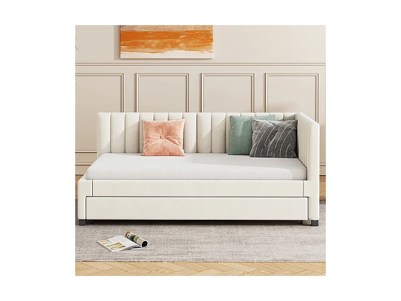 Canapé-lit extensible 90*200, Lit multifonctionnel avec sommier à lattes, Lit pour adolescent, Beige, Tissu velours