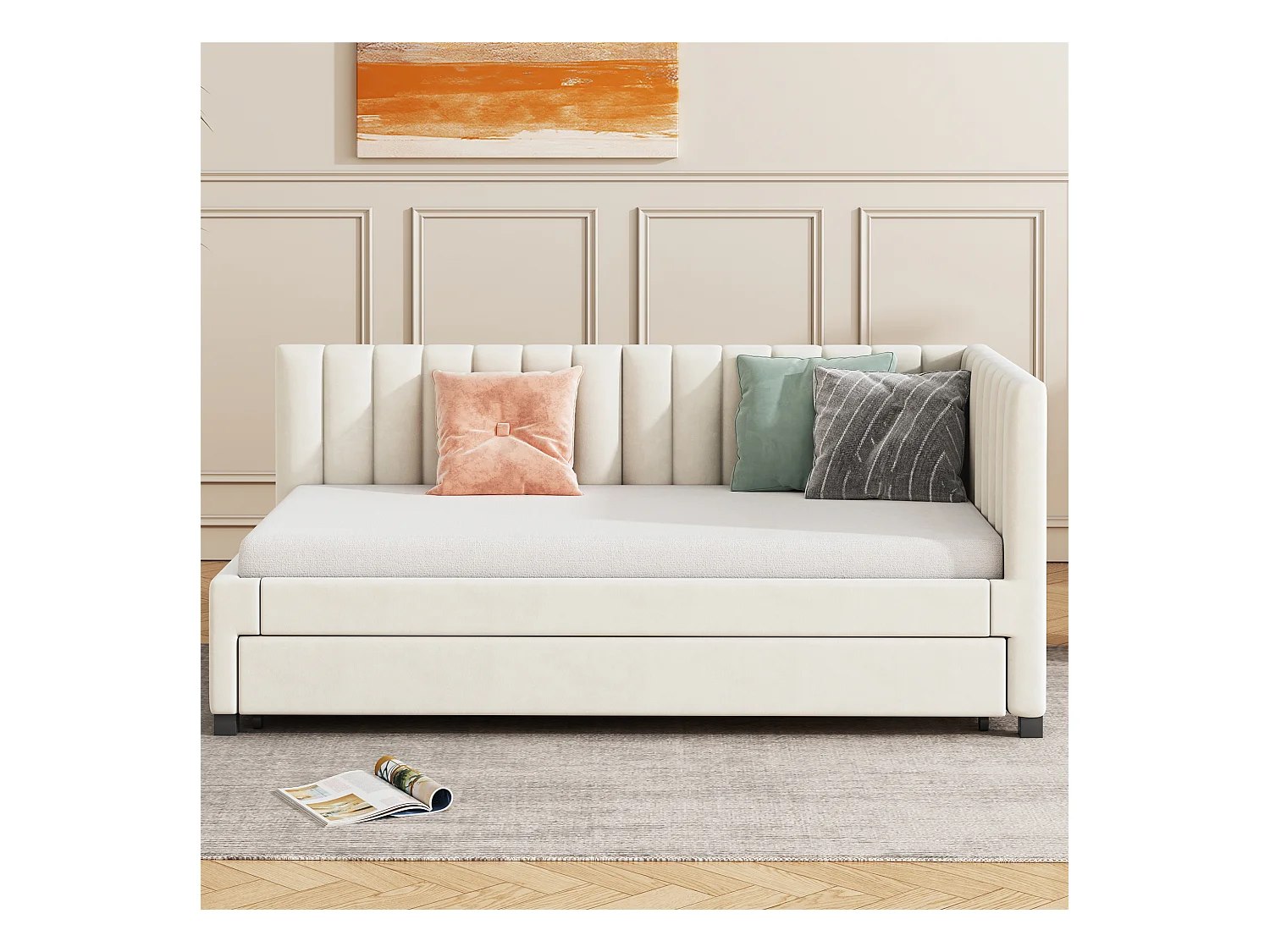 Canapé-lit extensible 90*200, Lit multifonctionnel avec sommier à lattes, Lit pour adolescent, Beige, Tissu velours