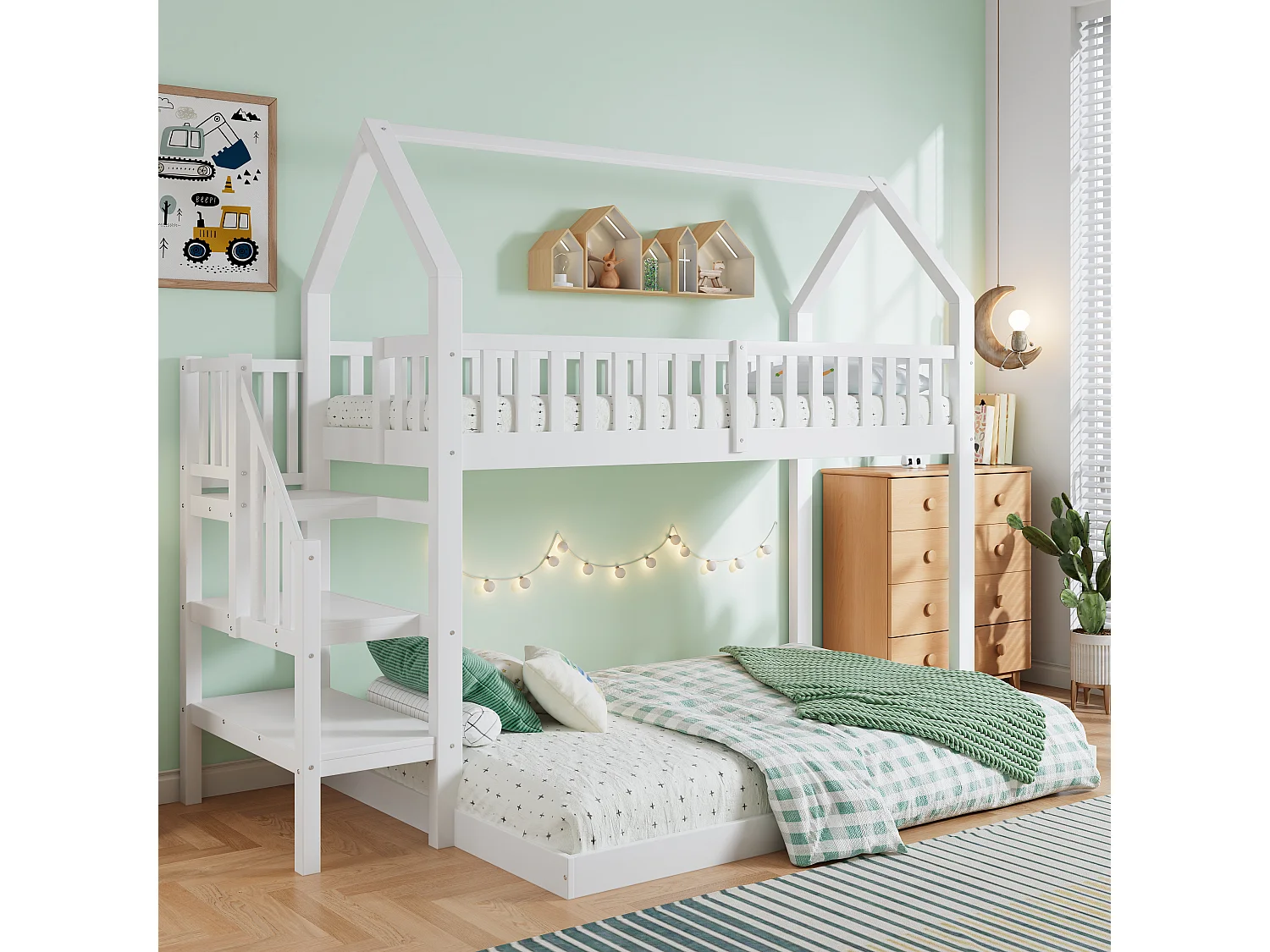 Lits superposés 90x190cm, lit enfant avec escalier, anti - chute et grille, cadre en pin, blanc