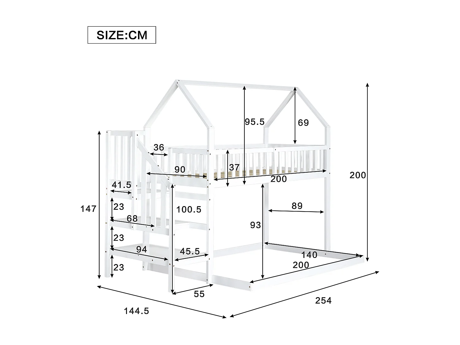 Lits superposés 90x190cm, lit enfant avec escalier, anti - chute et grille, cadre en pin, blanc