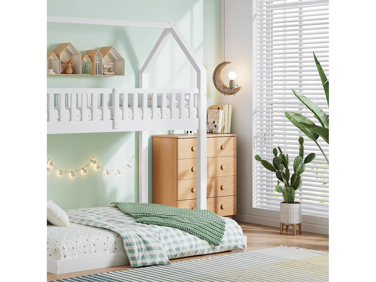 Lits superposés 90x190cm, lit enfant avec escalier, anti - chute et grille, cadre en pin, blanc