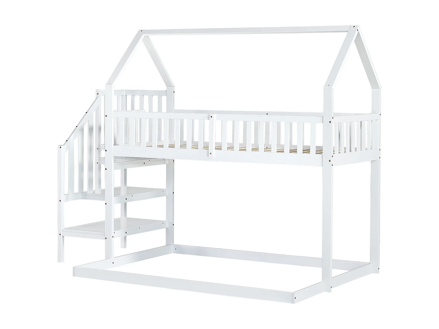Lits superposés 90x190cm, lit enfant avec escalier, anti - chute et grille, cadre en pin, blanc