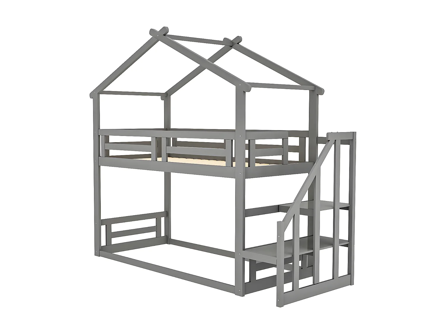 Kinderbett 90 * 200 cm, unteres Etagenbett mit Sicherheitstreppe, Etagenbettrahmen aus Massivholz, grau