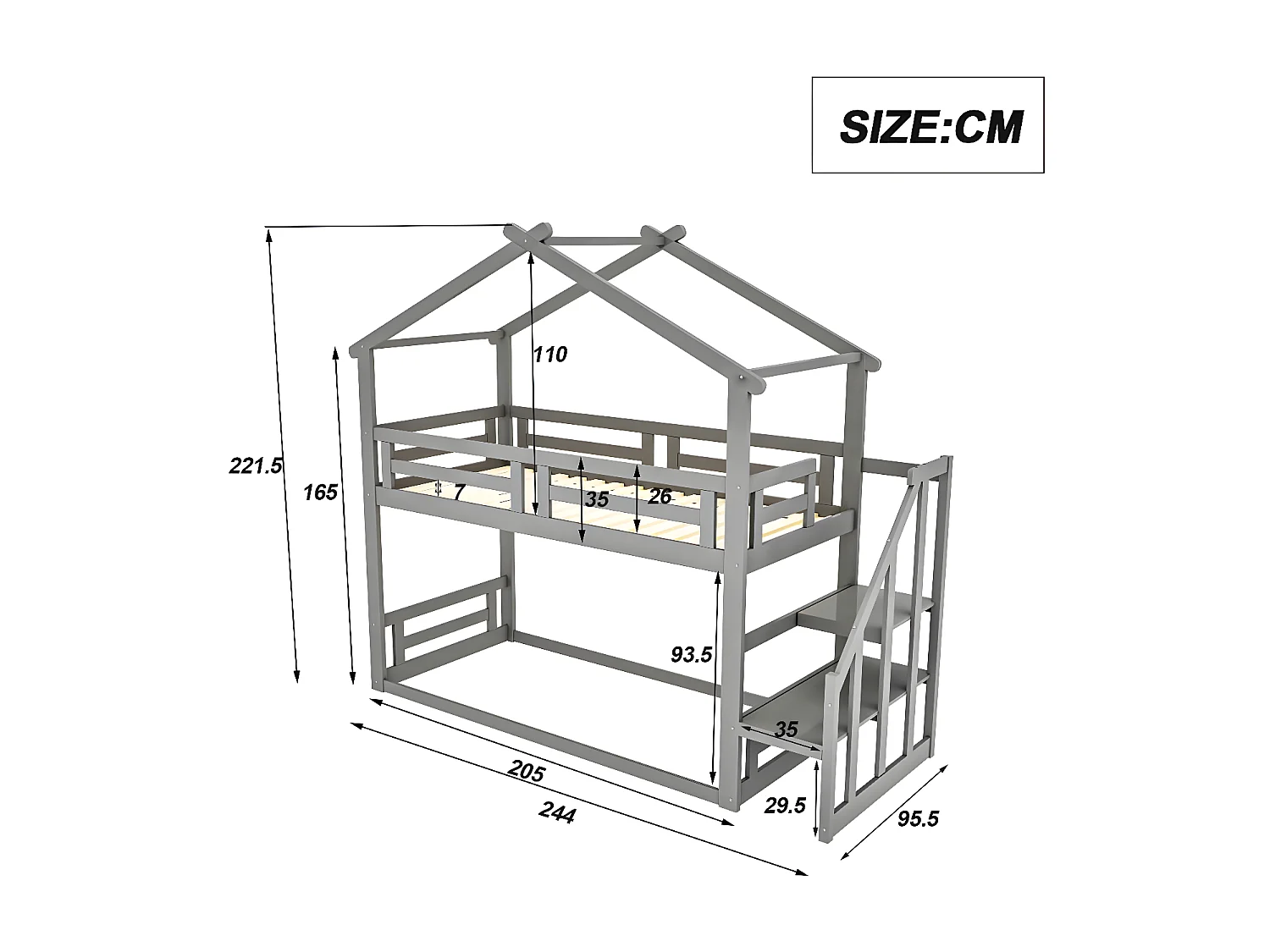 Kinderbett 90 * 200 cm, unteres Etagenbett mit Sicherheitstreppe, Etagenbettrahmen aus Massivholz, grau
