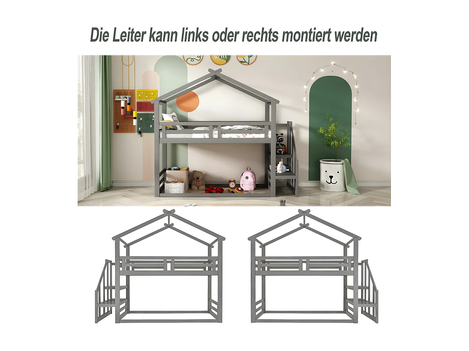 Kinderbett 90 * 200 cm, unteres Etagenbett mit Sicherheitstreppe, Etagenbettrahmen aus Massivholz, grau