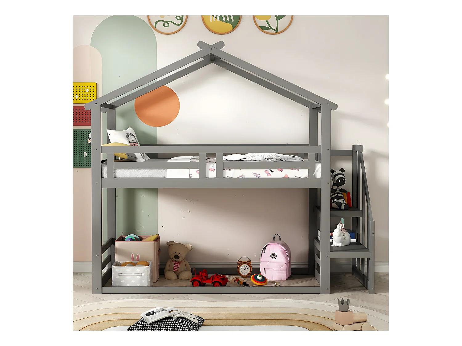Lit d'enfant 90 * 200cm, lit superposé inférieur avec escalier de sécurité, cadre de lit superposé en bois massif, gris
