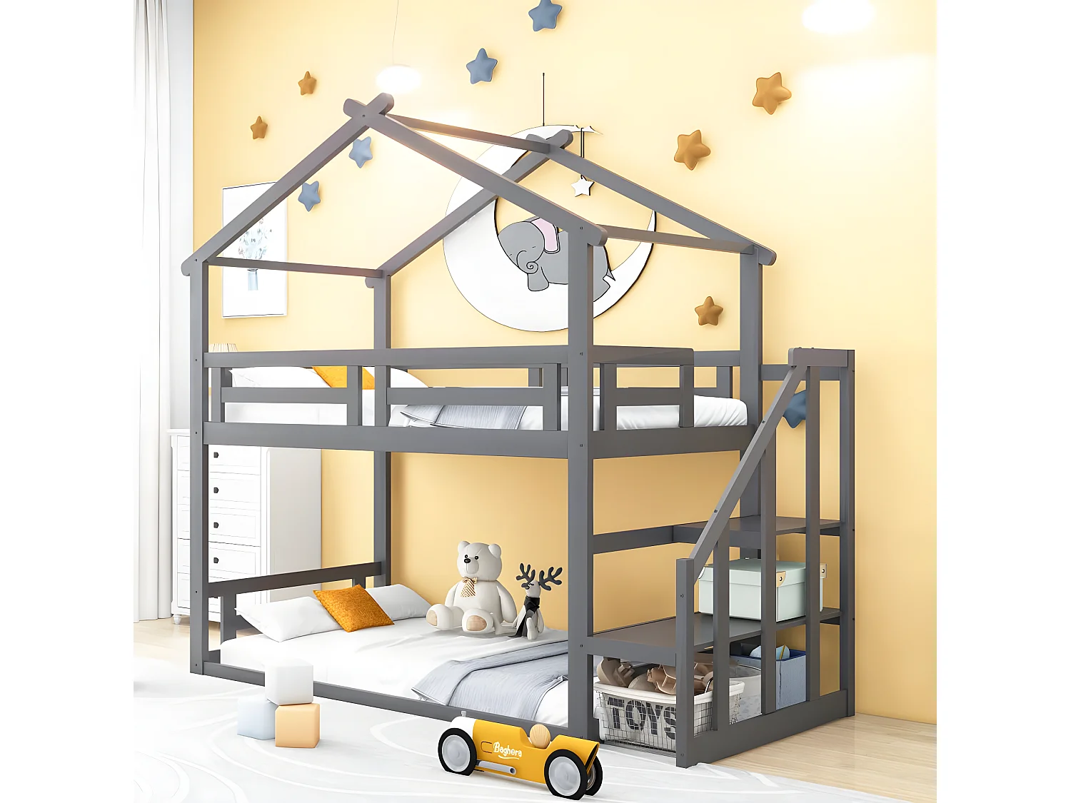 Kinderbett 90 * 200 cm, unteres Etagenbett mit Sicherheitstreppe, Etagenbettrahmen aus Massivholz, grau