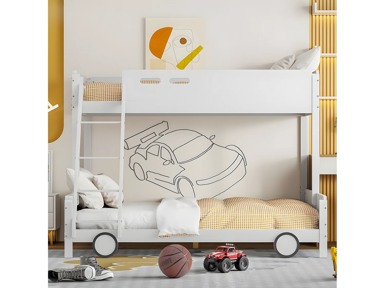 Lit d'enfant, lit supérieur 90 * 200cm, lit inférieur 140 * 200cm, lit superposé, cadre en bois massif, forme de voiture, blanc.