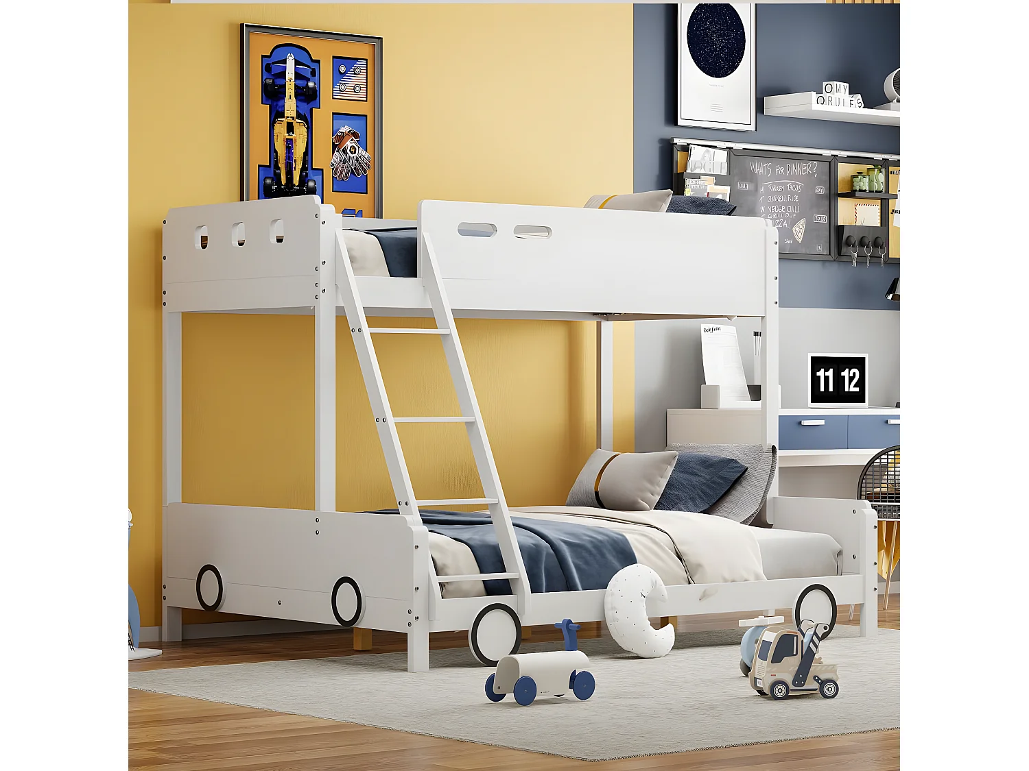 Lit d'enfant, lit supérieur 90 * 200cm, lit inférieur 140 * 200cm, lit superposé, cadre en bois massif, forme de voiture, blanc.