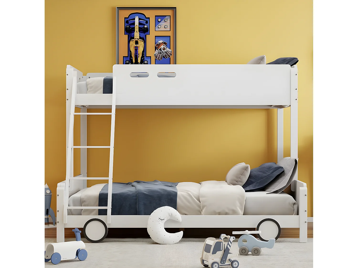 Lit d'enfant, lit supérieur 90 * 200cm, lit inférieur 140 * 200cm, lit superposé, cadre en bois massif, forme de voiture, blanc.