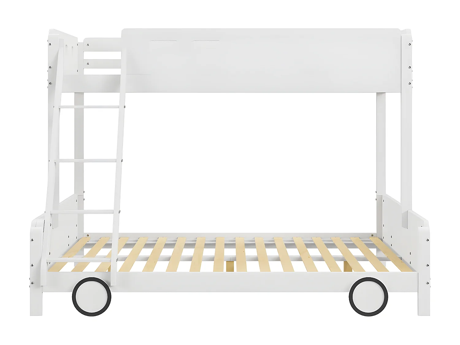 Lit d'enfant, lit supérieur 90 * 200cm, lit inférieur 140 * 200cm, lit superposé, cadre en bois massif, forme de voiture, blanc.