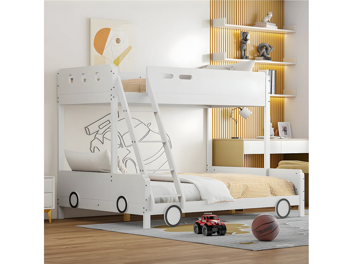 Lit d'enfant, lit supérieur 90 * 200cm, lit inférieur 140 * 200cm, lit superposé, cadre en bois massif, forme de voiture, blanc.