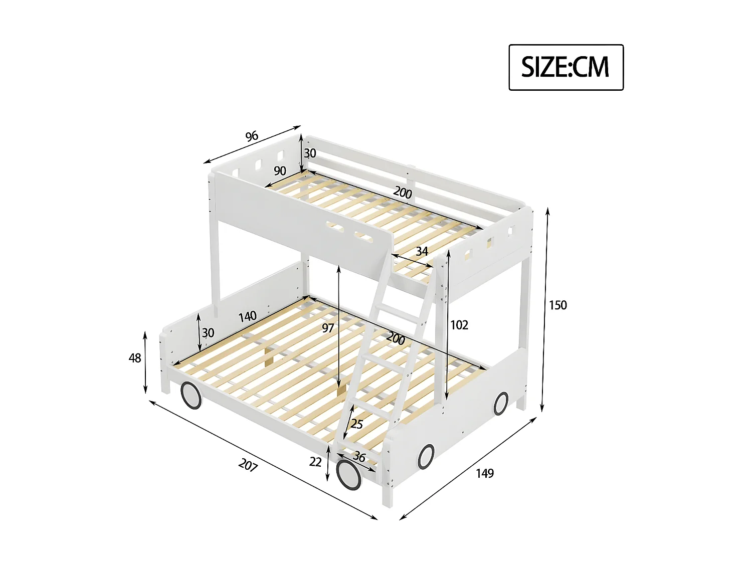 Lit d'enfant, lit supérieur 90 * 200cm, lit inférieur 140 * 200cm, lit superposé, cadre en bois massif, forme de voiture, blanc.
