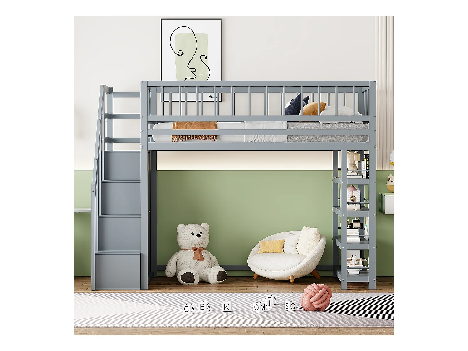Lits superposés 90 x 200, conception de sécurité haute clôture avec armoire, étagères et rangements, lit en bois massif, gris