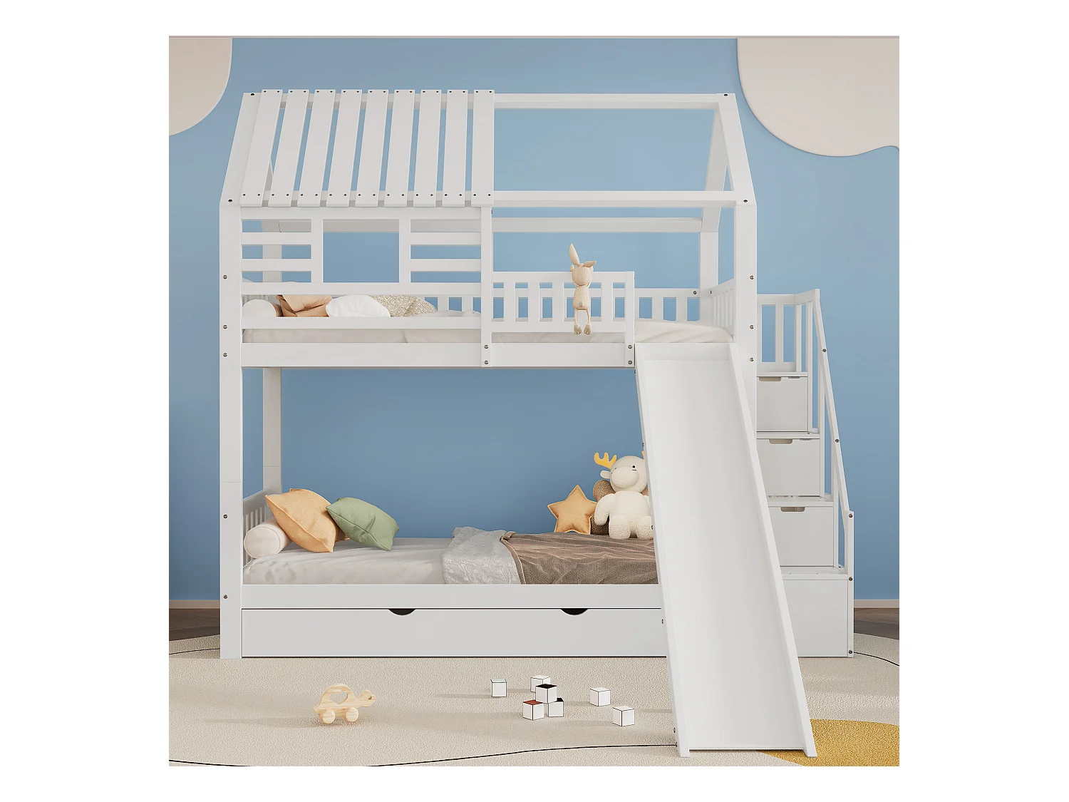 Lit superposé avec escalier et toboggan, escalier avec rangement, cadre en pin et MDF, lit enfant avec fenêtre et toit, blanc, 90x200cm * 2