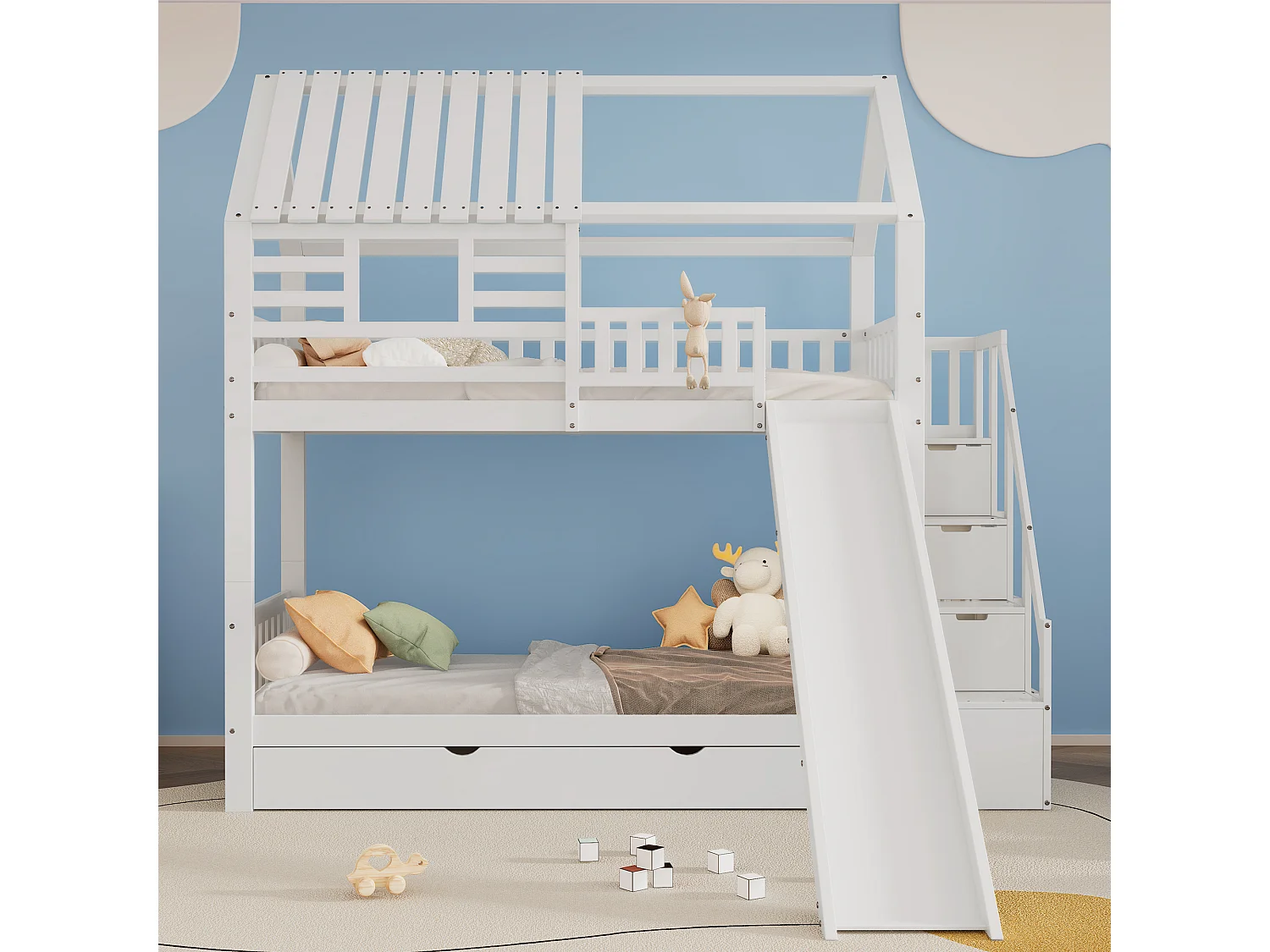Lit superposé avec escalier et toboggan, escalier avec rangement, cadre en pin et MDF, lit enfant avec fenêtre et toit, blanc, 90x200cm * 2