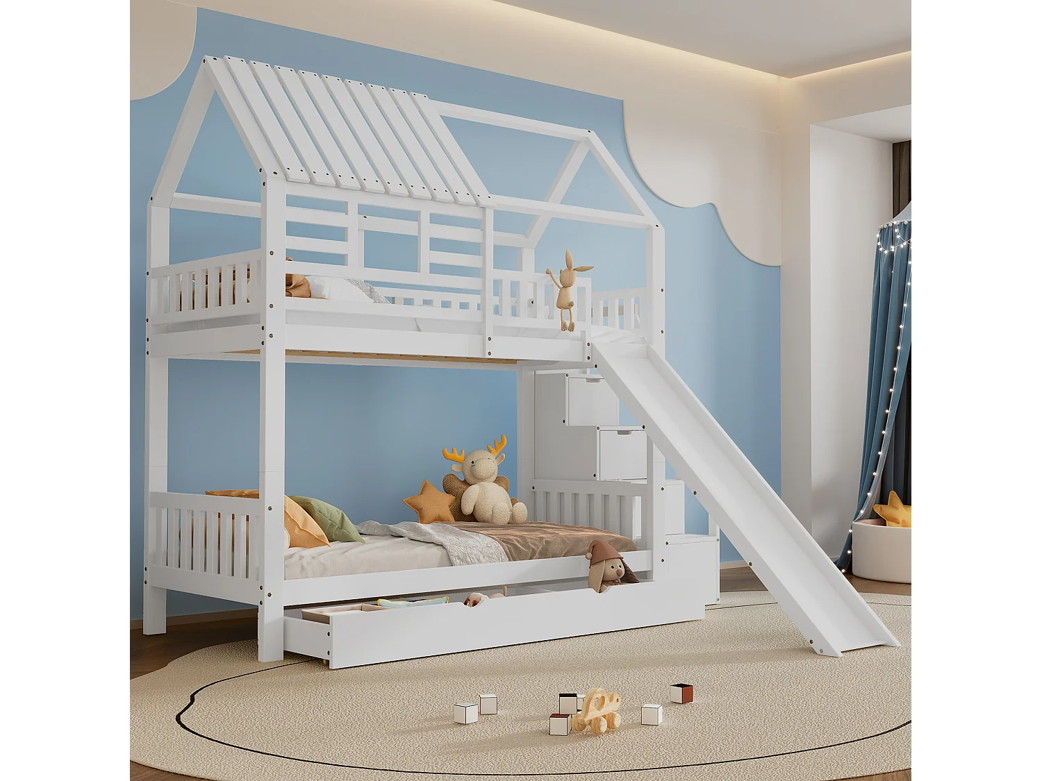 Lit superposé avec escalier et toboggan, escalier avec rangement, cadre en pin et MDF, lit enfant avec fenêtre et toit, blanc, 90x200cm * 2
