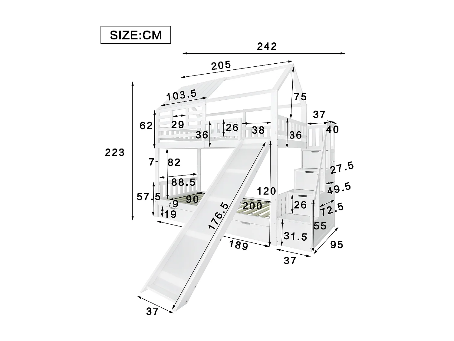 Lit superposé avec escalier et toboggan, escalier avec rangement, cadre en pin et MDF, lit enfant avec fenêtre et toit, blanc, 90x200cm * 2