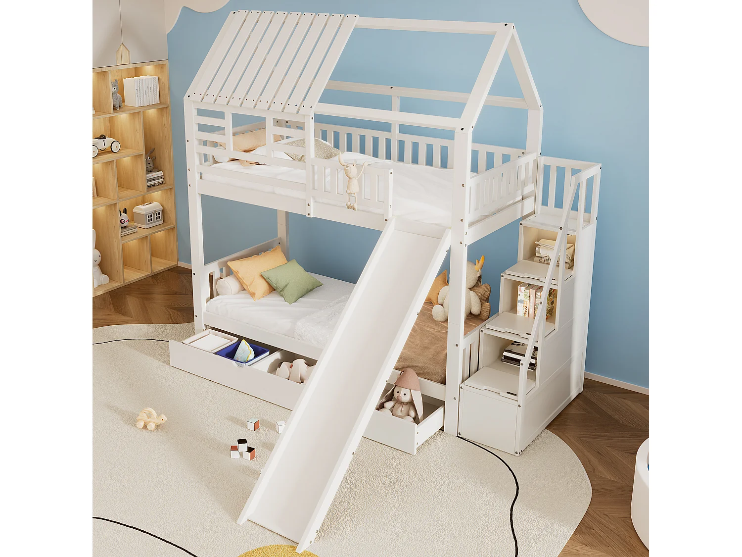 Lit superposé avec escalier et toboggan, escalier avec rangement, cadre en pin et MDF, lit enfant avec fenêtre et toit, blanc, 90x200cm * 2