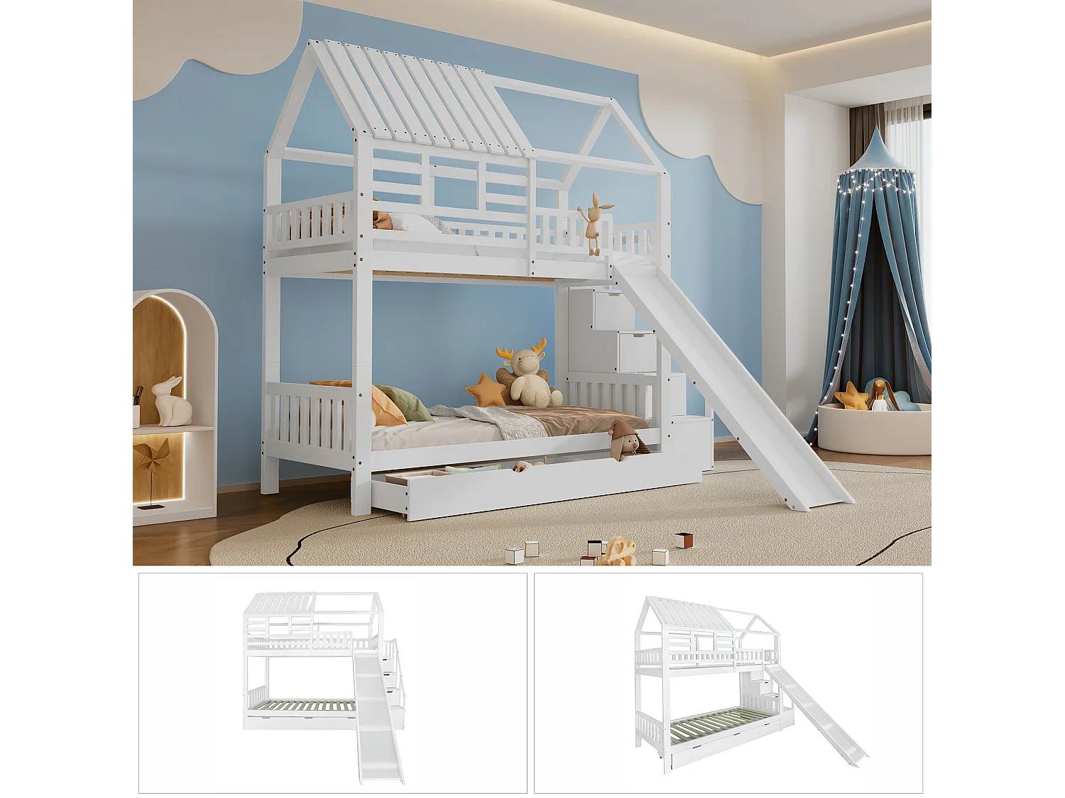 Lit superposé avec escalier et toboggan, escalier avec rangement, cadre en pin et MDF, lit enfant avec fenêtre et toit, blanc, 90x200cm * 2