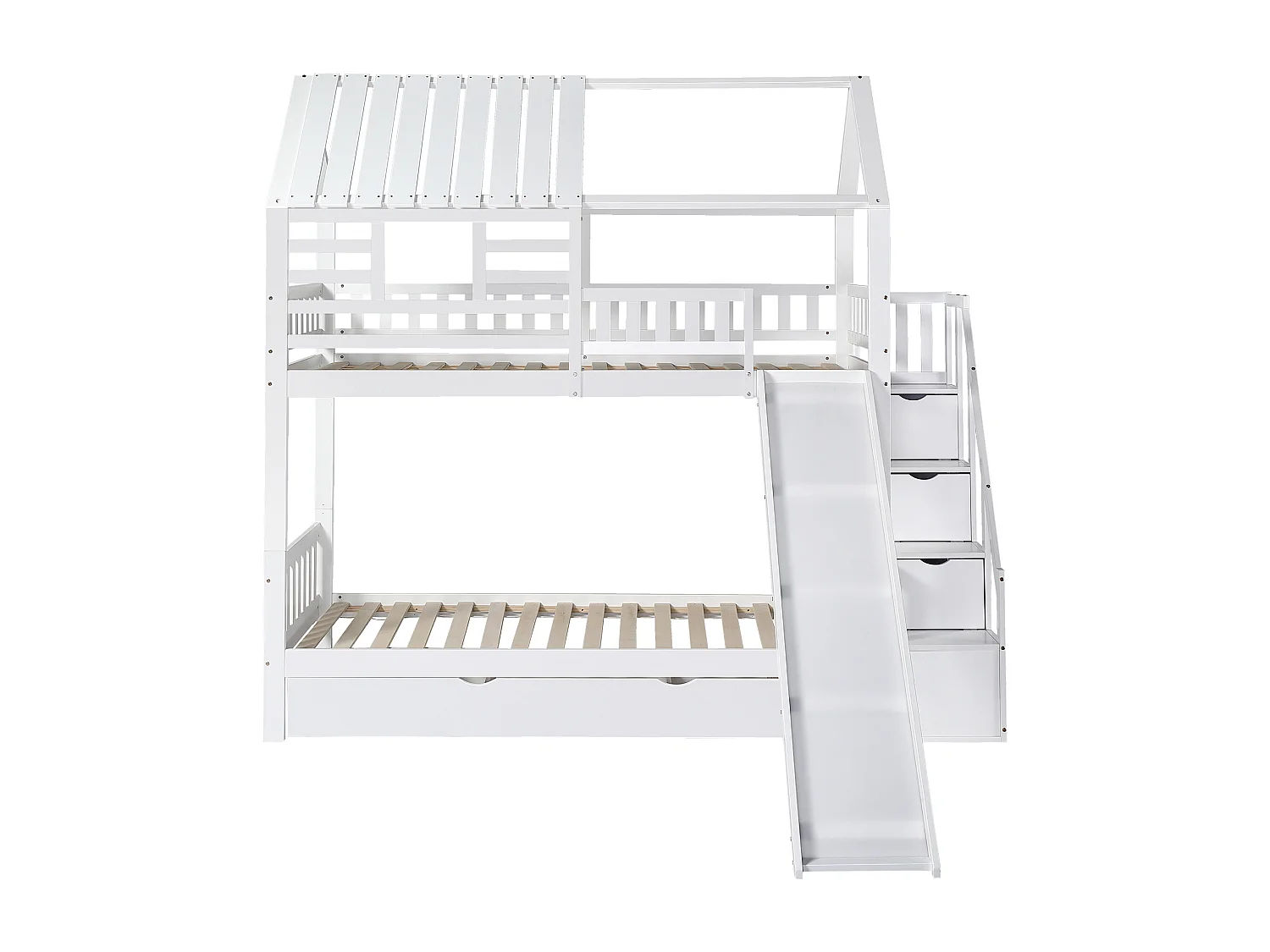 Lit superposé avec escalier et toboggan, escalier avec rangement, cadre en pin et MDF, lit enfant avec fenêtre et toit, blanc, 90x200cm * 2