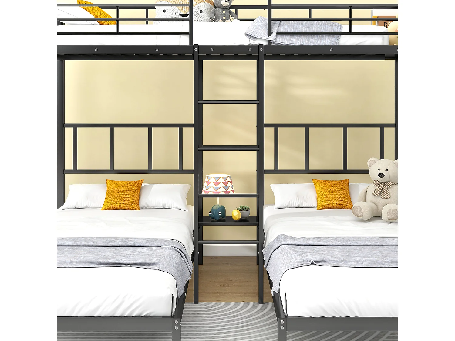 Tres camas, literas con escalera para niños y adolescentes, cama de hierro con dispositivo anticaída y mesa, Negro (90x200cm * 3)