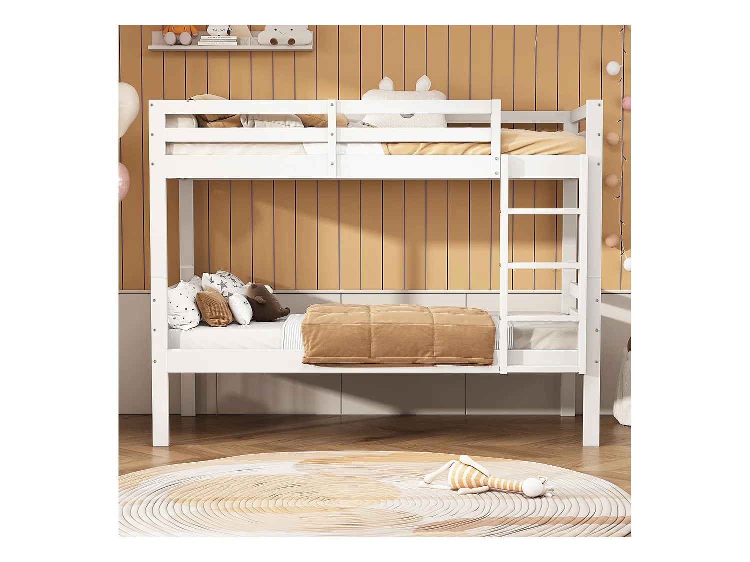 Lit superposé pour enfants avec échelle d'angle à trois niveaux et protection contre les chutes, cadre en pin, blanc, 90x200cm