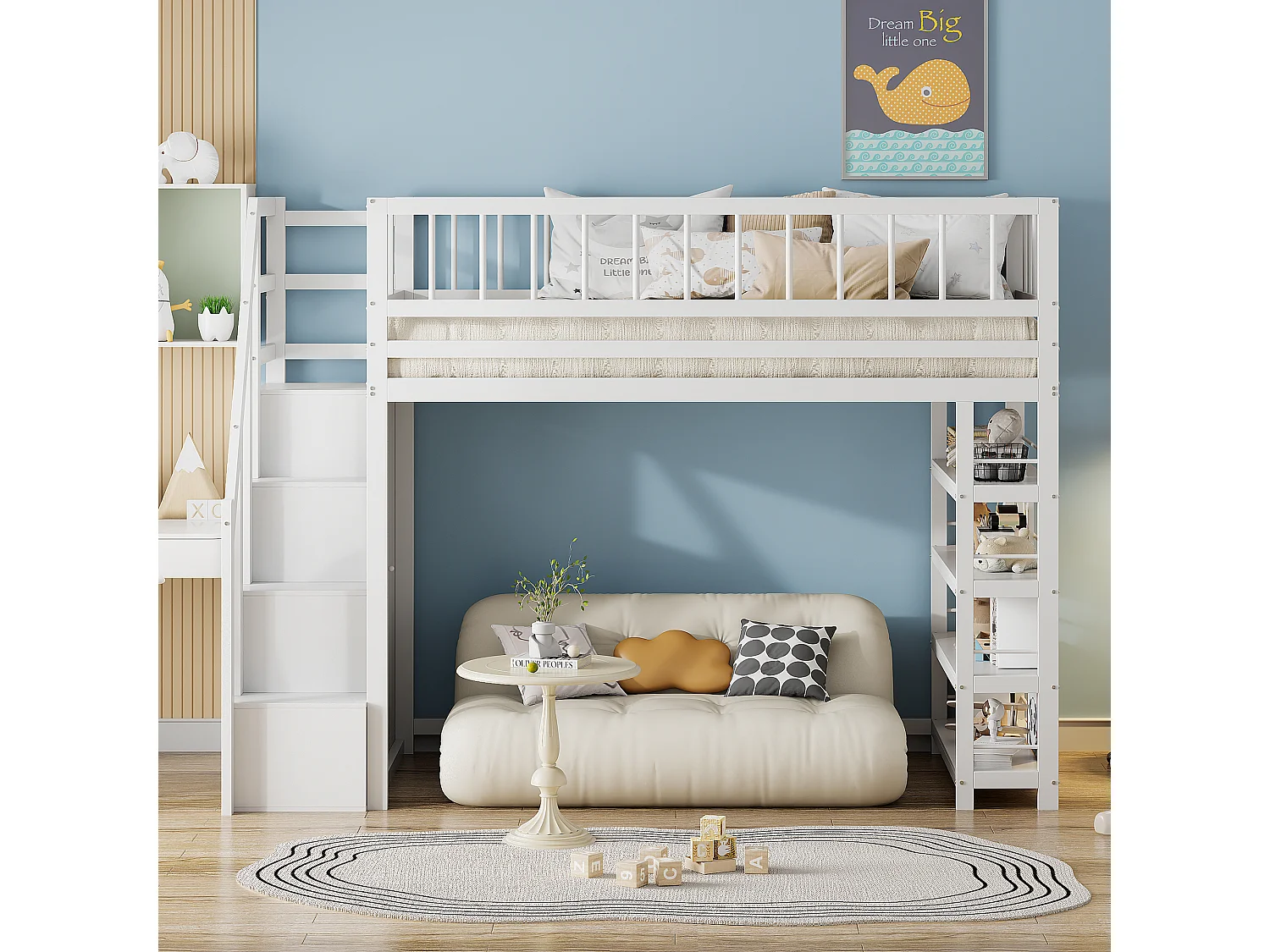 Lits superposés 90 x 200, conception de sécurité haute clôture avec armoire, étagères et rangements, lit en bois massif, blanc