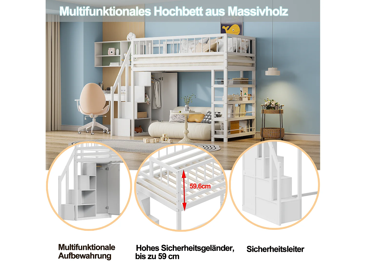 Lits superposés 90 x 200, conception de sécurité haute clôture avec armoire, étagères et rangements, lit en bois massif, blanc