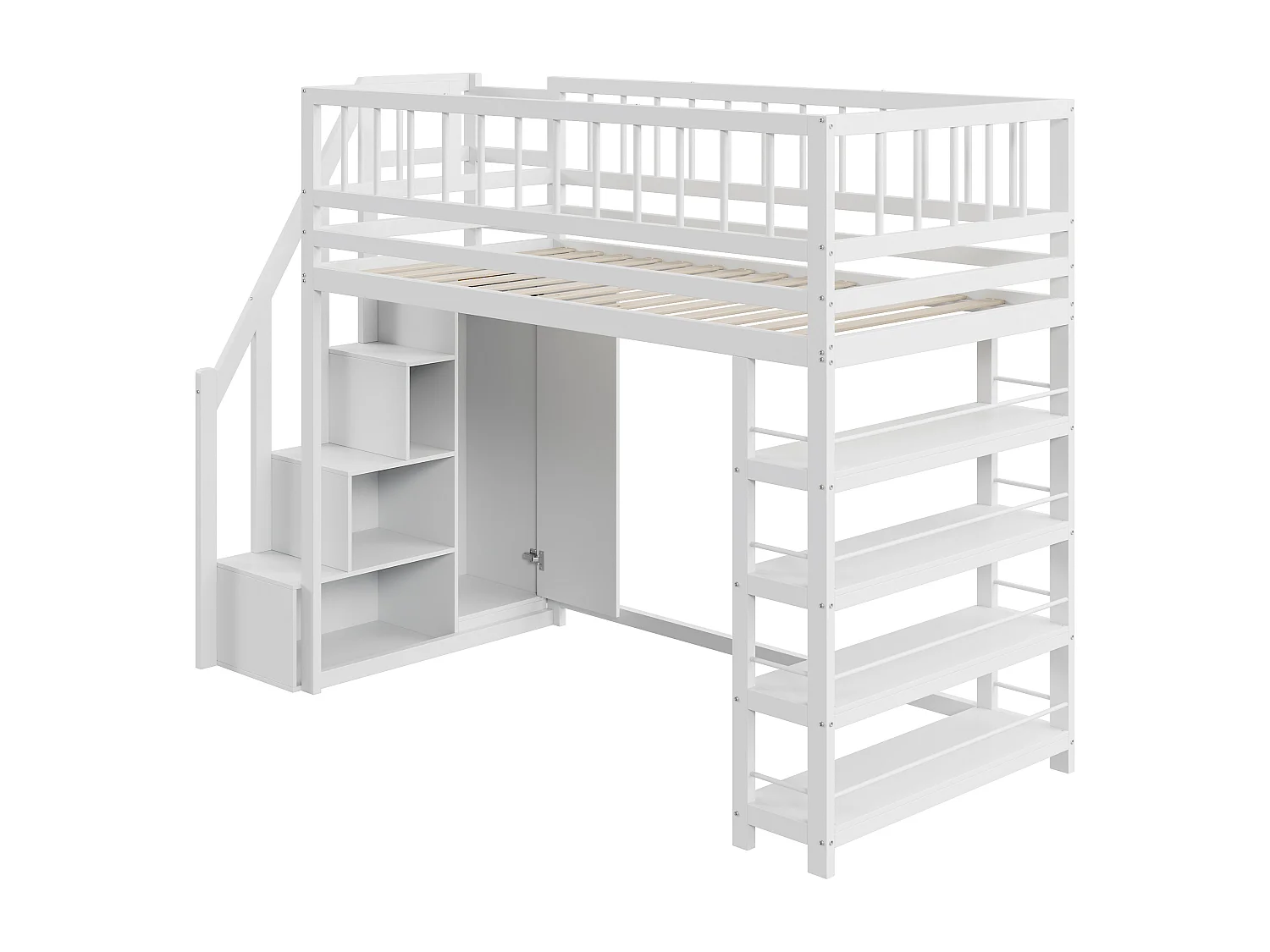 Lits superposés 90 x 200, conception de sécurité haute clôture avec armoire, étagères et rangements, lit en bois massif, blanc