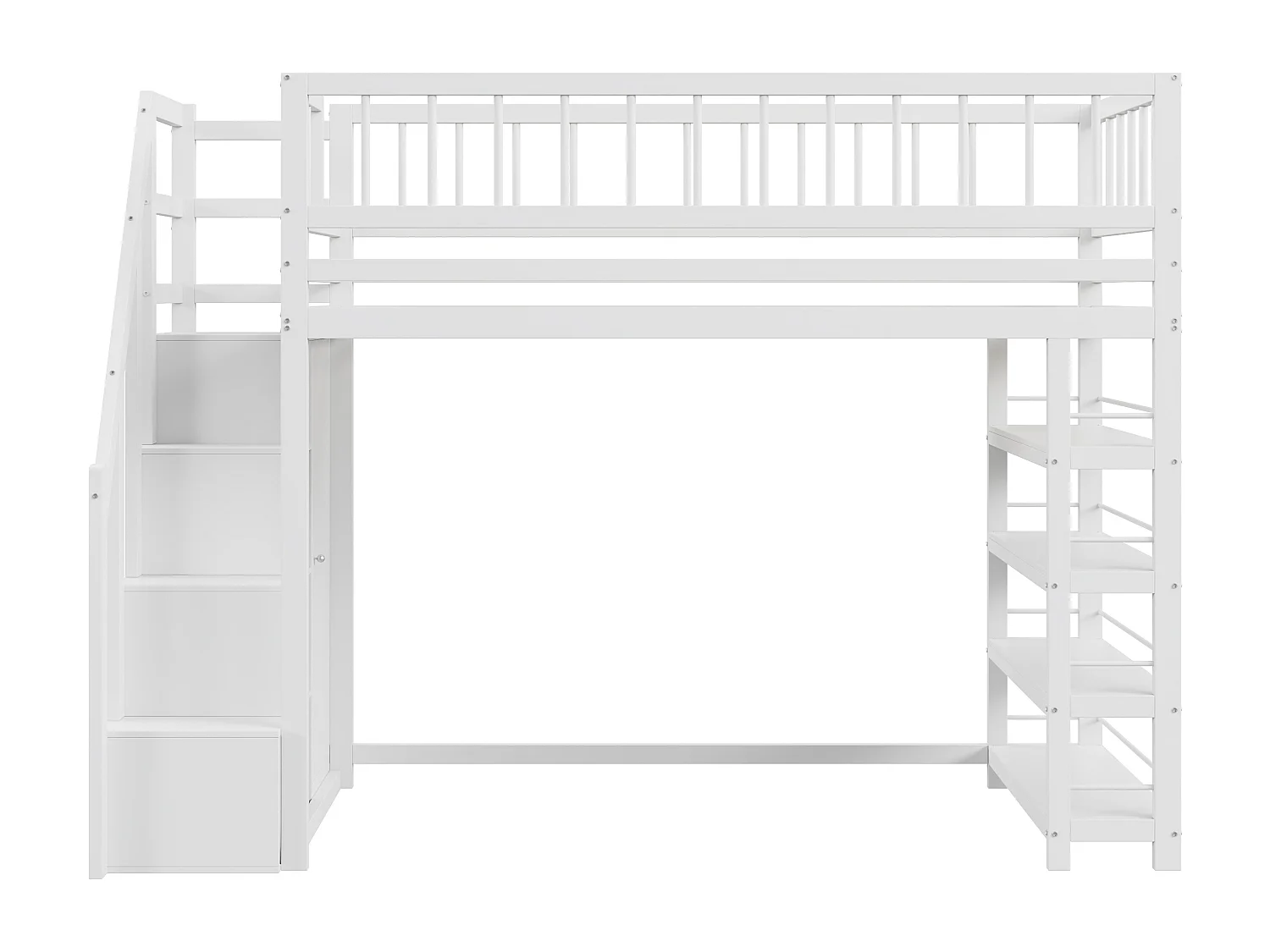 Lits superposés 90 x 200, conception de sécurité haute clôture avec armoire, étagères et rangements, lit en bois massif, blanc