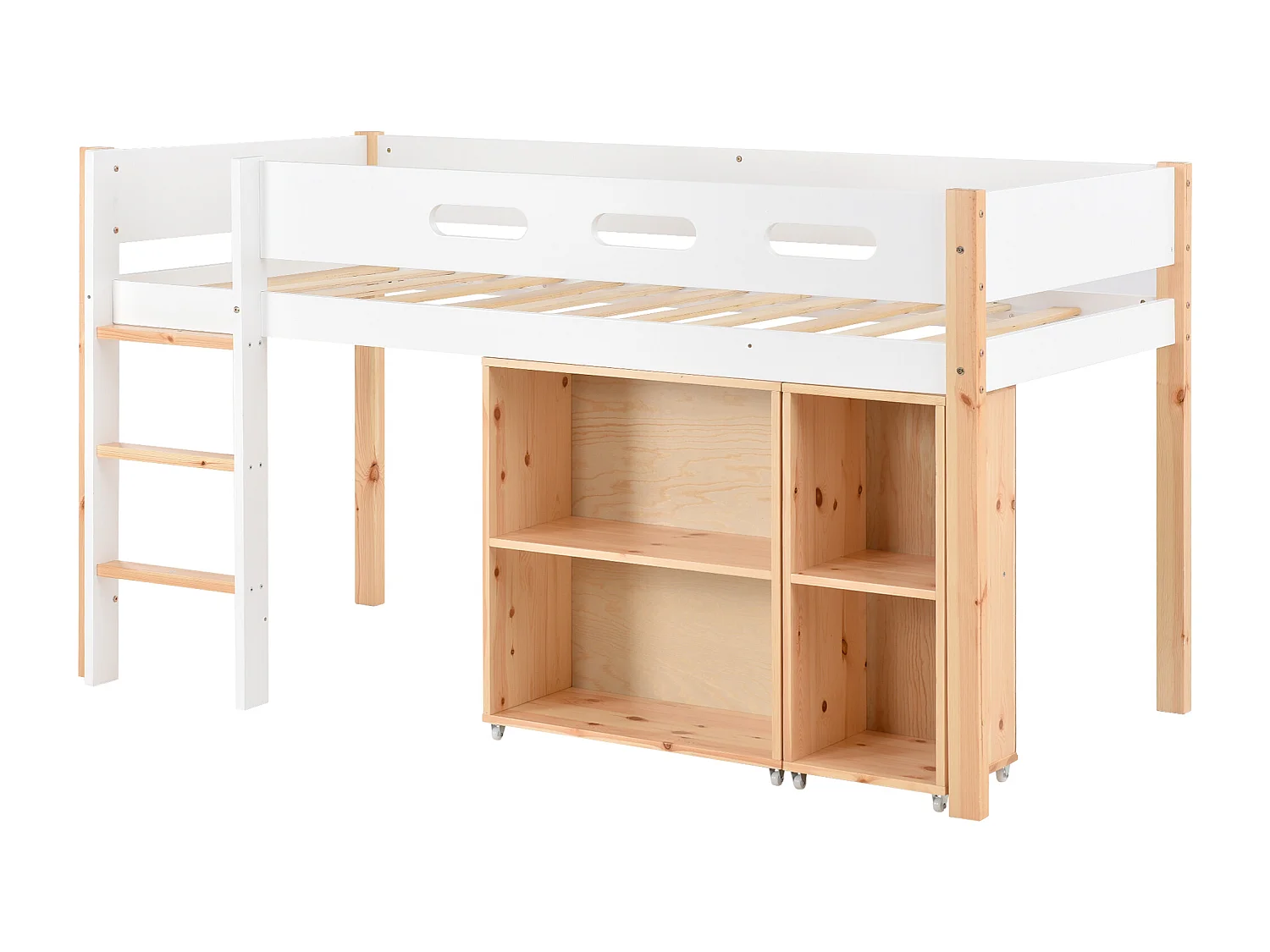 Lit superposé avec rangement et escalier rectangulaire sur 3 niveaux avec anti - chute, cadre de lit en bois massif, 90x200 cm, blanc