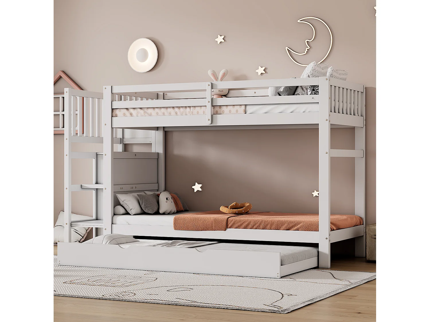 Lits superposés, trois places de couchage, quatre tiroirs, lit en bois robuste, escalier sécurisé, garde - corps robuste, blanc (90x200cm à 90x190cm)