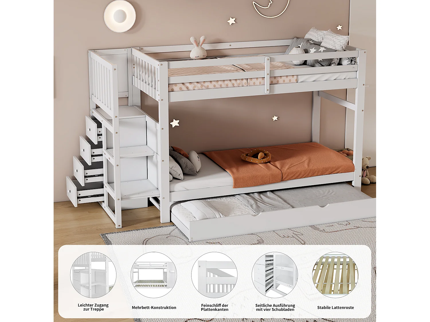 Lits superposés, trois places de couchage, quatre tiroirs, lit en bois robuste, escalier sécurisé, garde - corps robuste, blanc (90x200cm à 90x190cm)