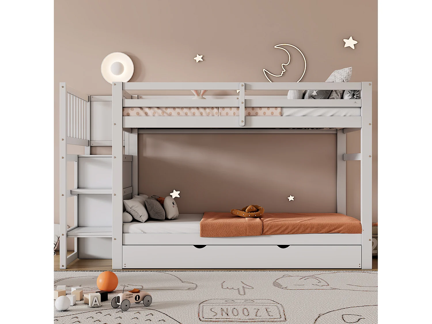 Lits superposés, trois places de couchage, quatre tiroirs, lit en bois robuste, escalier sécurisé, garde - corps robuste, blanc (90x200cm à 90x190cm)