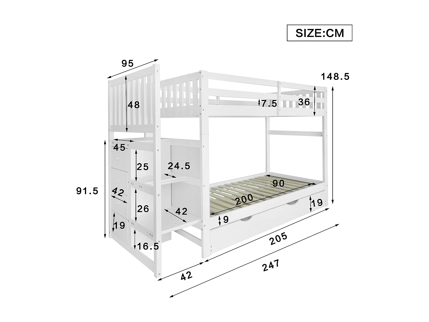 Lits superposés, trois places de couchage, quatre tiroirs, lit en bois robuste, escalier sécurisé, garde - corps robuste, blanc (90x200cm à 90x190cm)