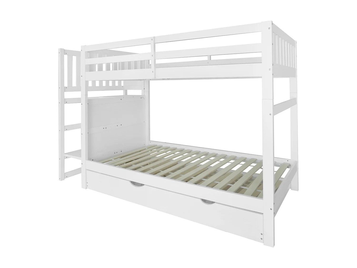 Lits superposés, trois places de couchage, quatre tiroirs, lit en bois robuste, escalier sécurisé, garde - corps robuste, blanc (90x200cm à 90x190cm)