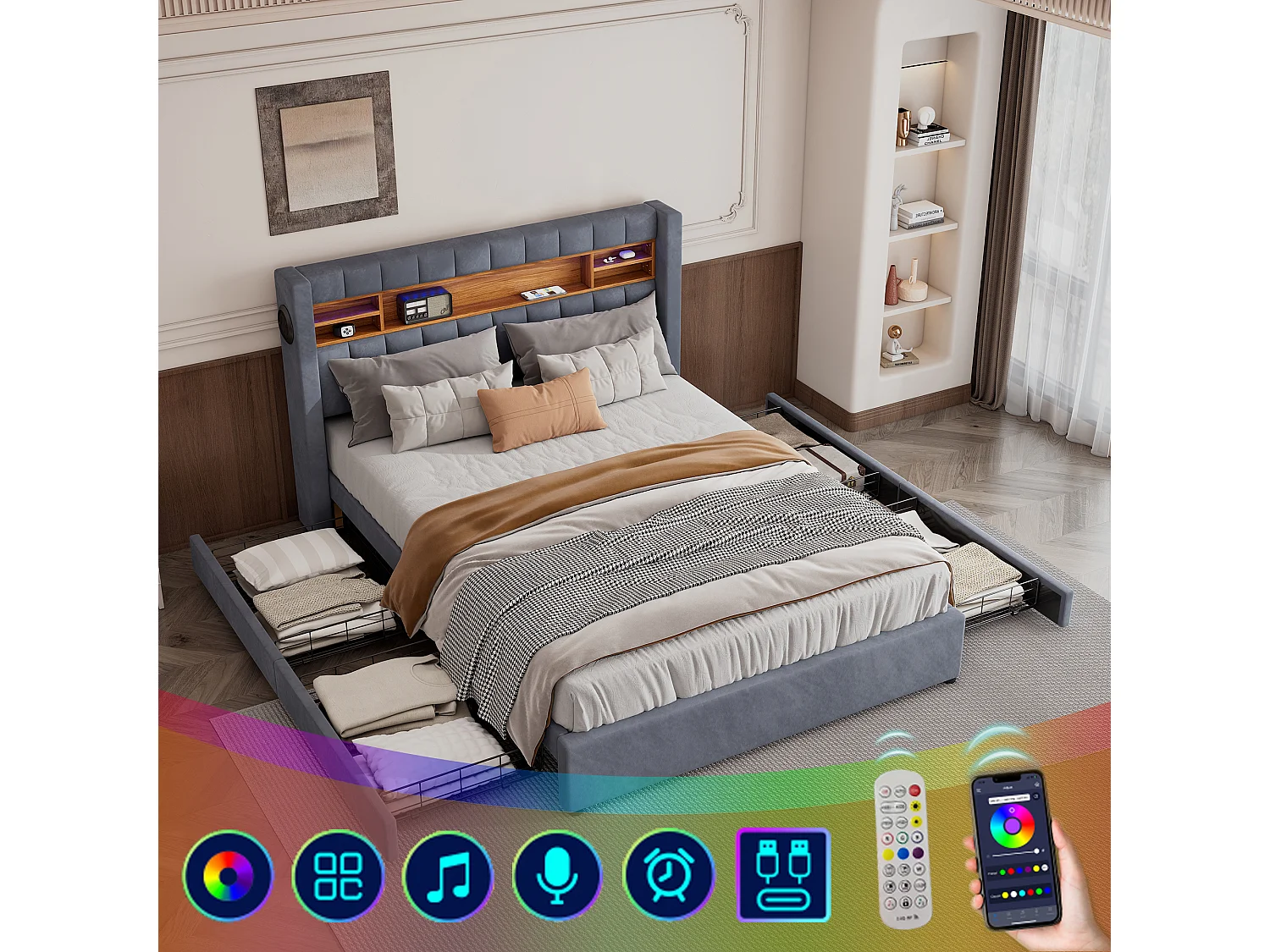 Lit double avec bande lumineuse LED 16 couleurs 140x200cm, lecteur Bluetooth et borne de recharge USB avec quatre tiroirs, bois massif, gris