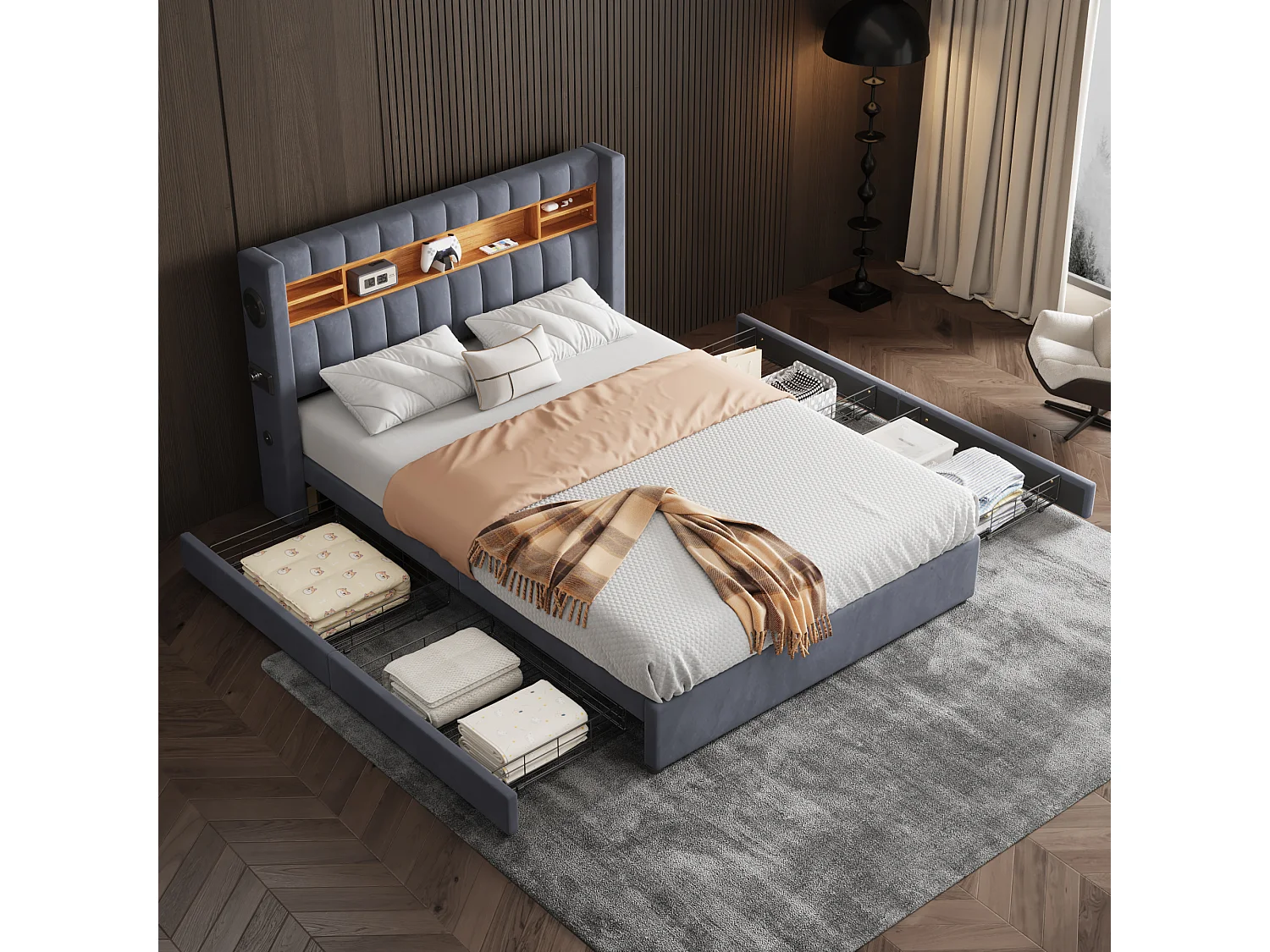 Lit double avec bande lumineuse LED 16 couleurs 140x200cm, lecteur Bluetooth et borne de recharge USB avec quatre tiroirs, bois massif, gris