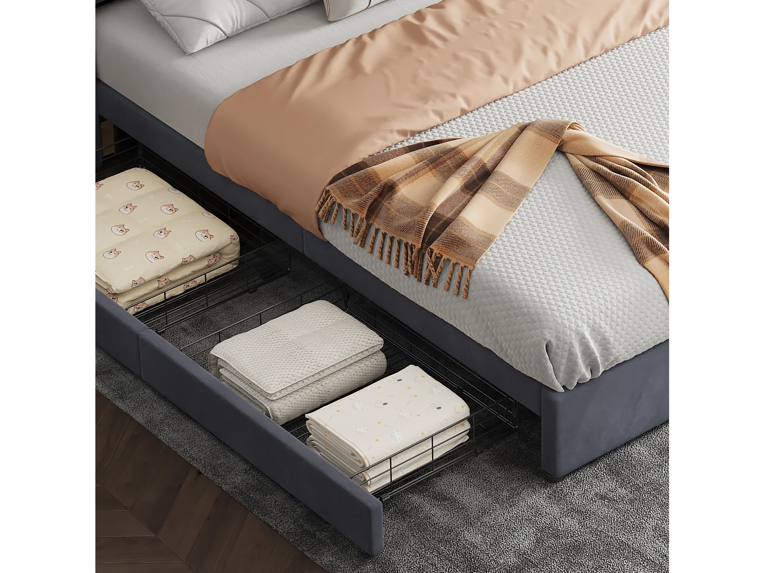 Lit double avec bande lumineuse LED 16 couleurs 140x200cm, lecteur Bluetooth et borne de recharge USB avec quatre tiroirs, bois massif, gris