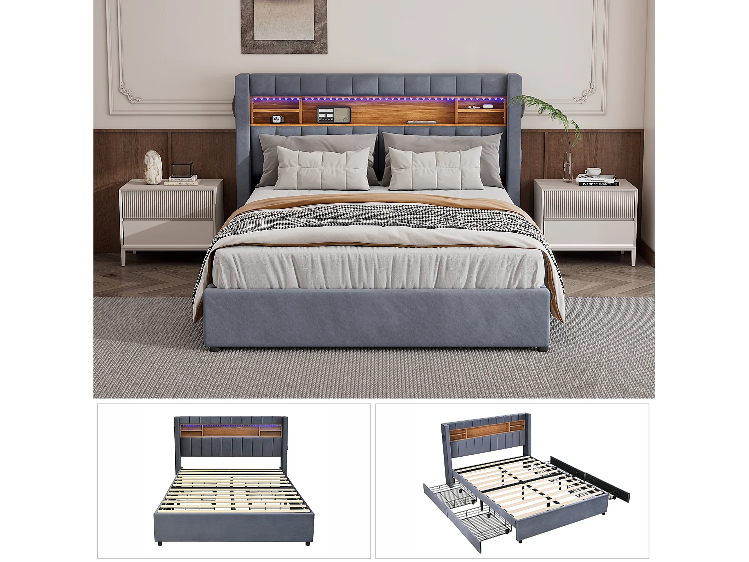 Lit double avec bande lumineuse LED 16 couleurs 140x200cm, lecteur Bluetooth et borne de recharge USB avec quatre tiroirs, bois massif, gris