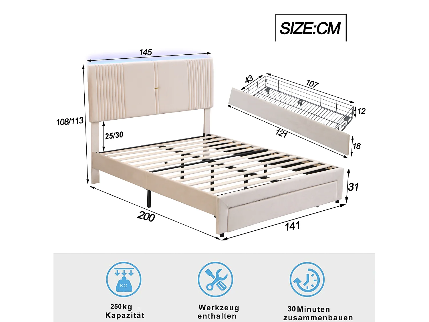 Lit double rembourré 140 x 200 cm avec bandeau lumineux et prise USB, dossier et grands tiroirs, tissu velours, beige