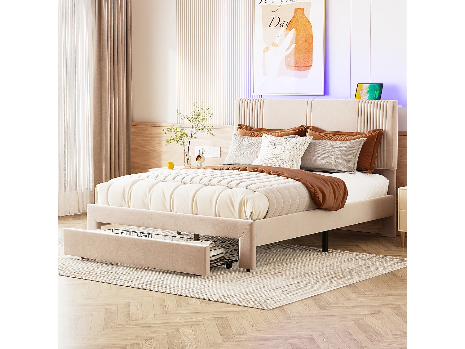 Lit double rembourré 140 x 200 cm avec bandeau lumineux et prise USB, dossier et grands tiroirs, tissu velours, beige