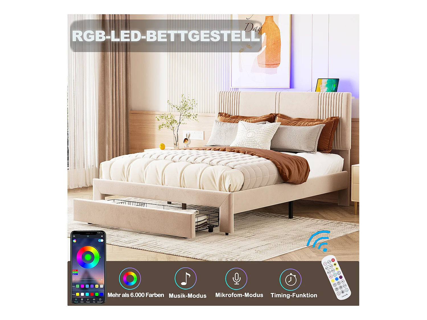 Lit double rembourré 140 x 200 cm avec bandeau lumineux et prise USB, dossier et grands tiroirs, tissu velours, beige
