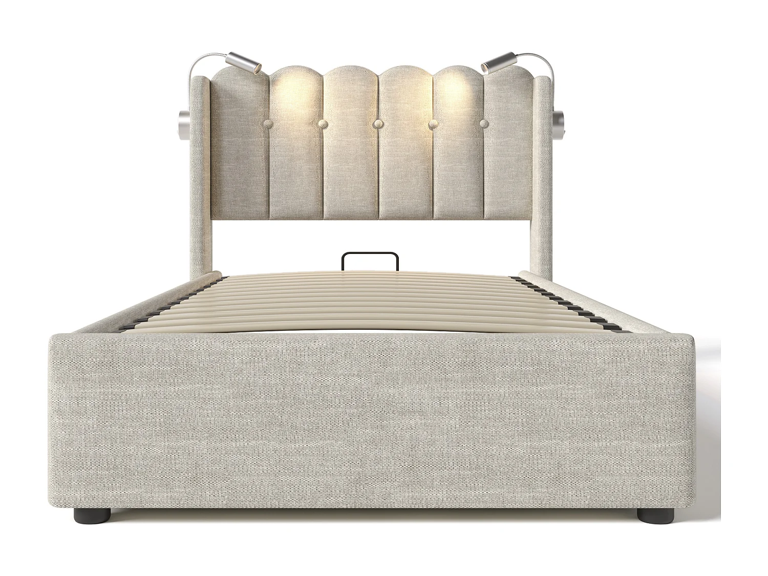 Cama acolchoada para adulto 180 x 806 cm, sem cabeceira, com faixa LED (monocromática), base com suspensão hidráulica, bege.
