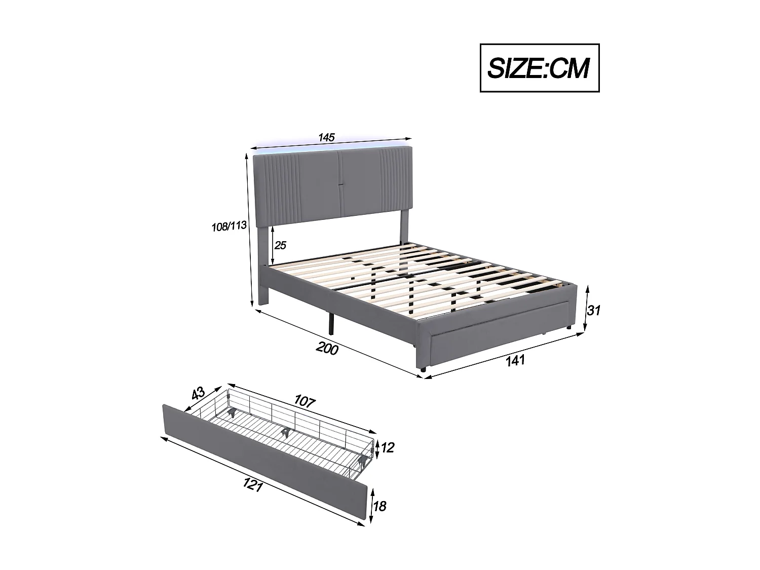 Polsterdoppelbett 140 x 200 cm mit Lichtband und USB-Anschluss, Rückenlehne und großen Schubladen, Veloursstoff, grau
