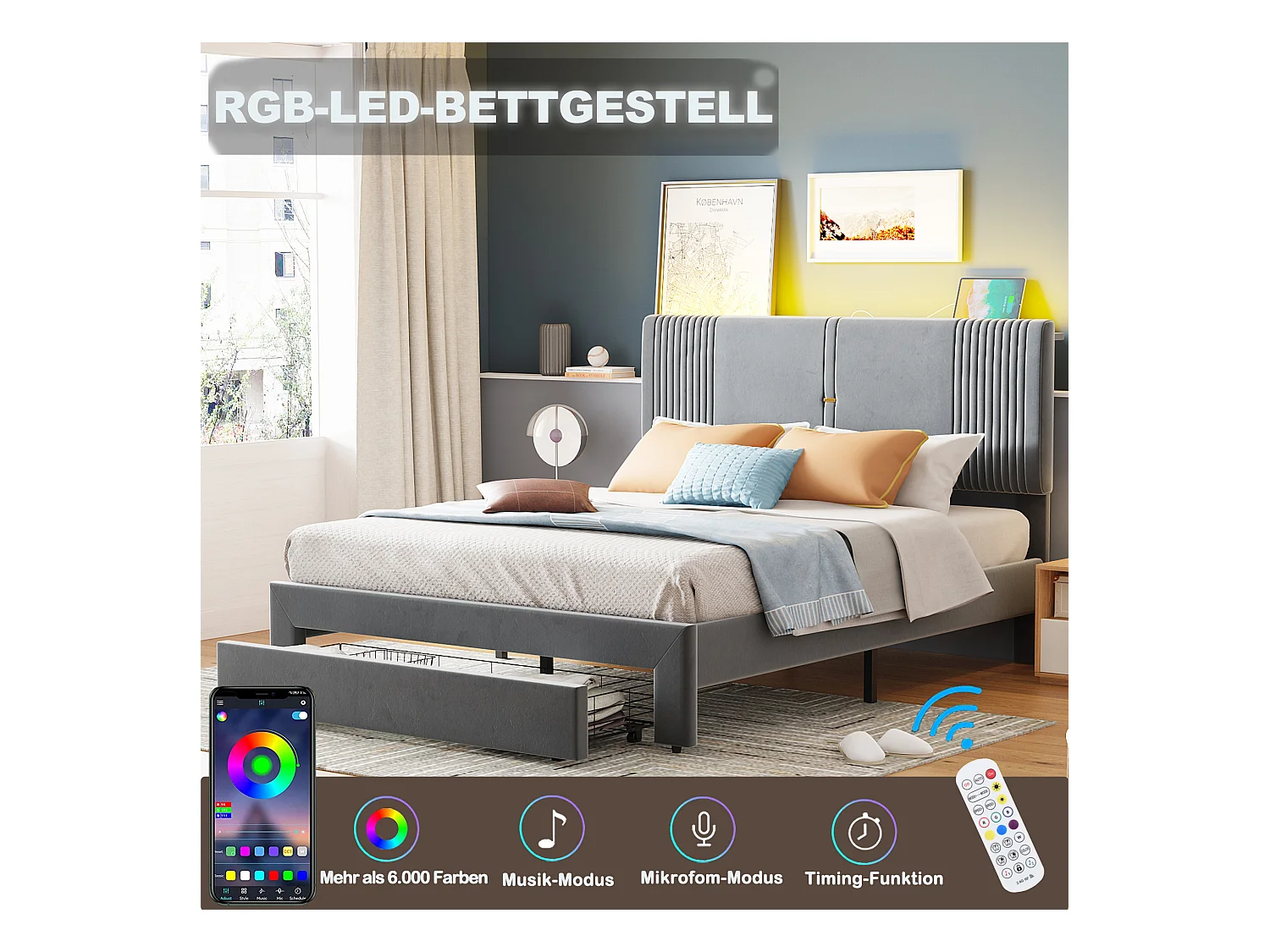 Lit double rembourré 140 x 200 cm avec bandeau lumineux et prise USB, dossier et grands tiroirs, tissu velours, gris