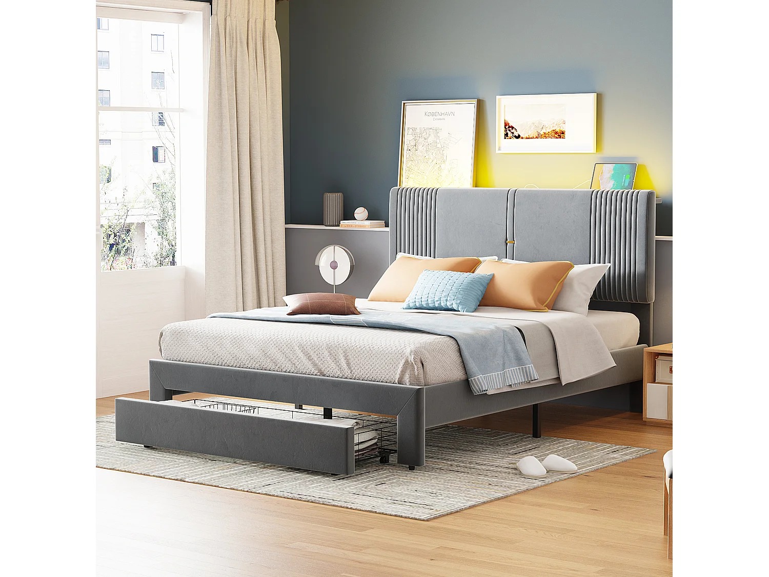 Polsterdoppelbett 140 x 200 cm mit Lichtband und USB-Anschluss, Rückenlehne und großen Schubladen, Veloursstoff, grau