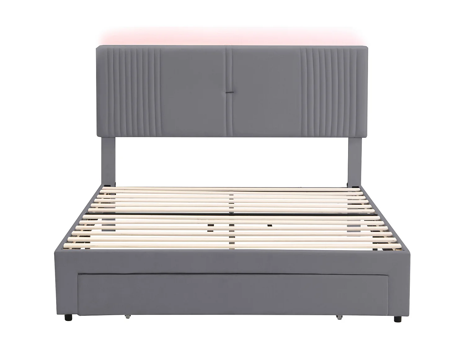 Polsterdoppelbett 140 x 200 cm mit Lichtband und USB-Anschluss, Rückenlehne und großen Schubladen, Veloursstoff, grau