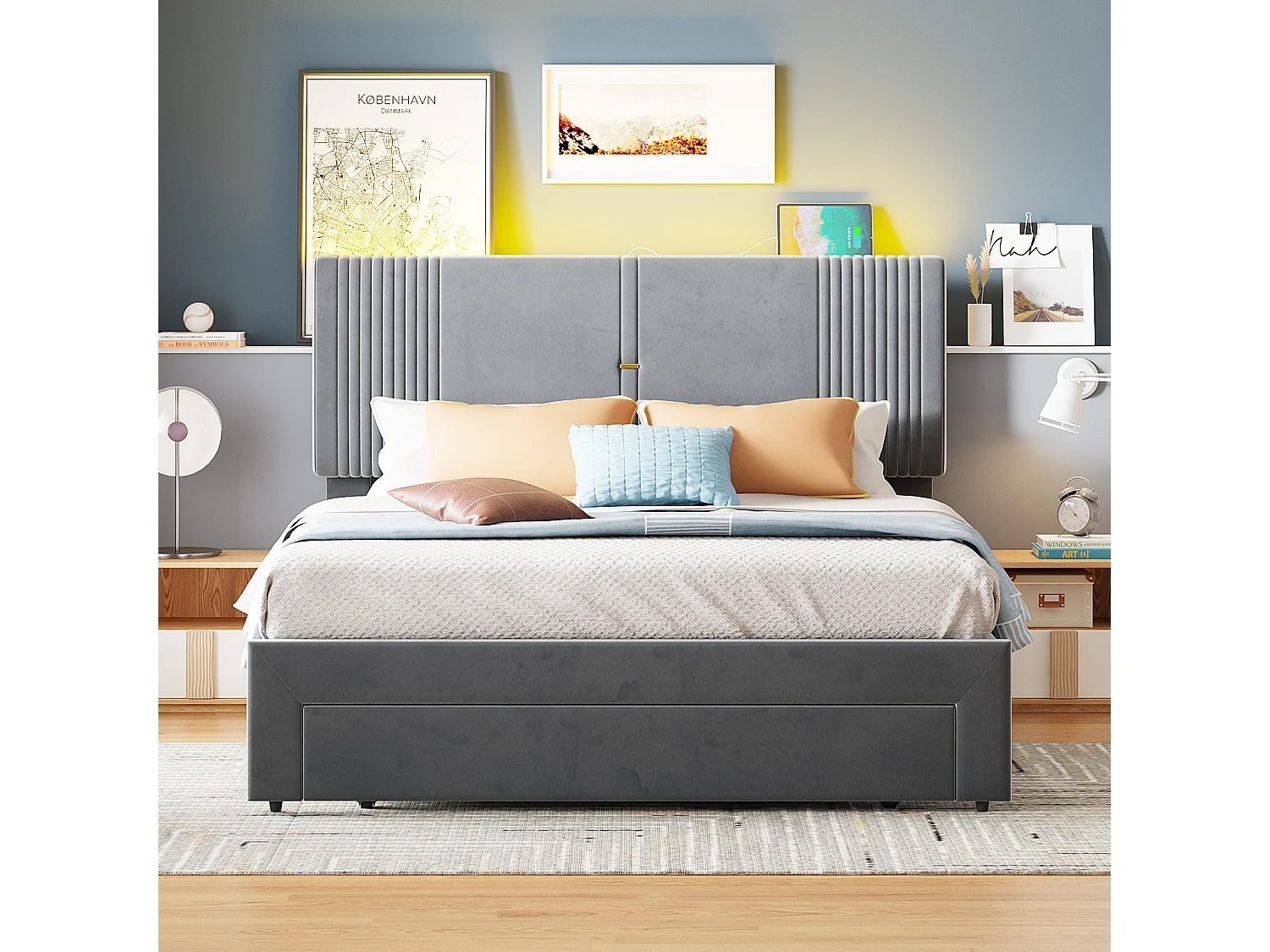 Cama de matrimonio tapizada 140 x 200 cm con regleta de luz y toma USB, respaldo y cajones grandes, tejido de terciopelo, gris